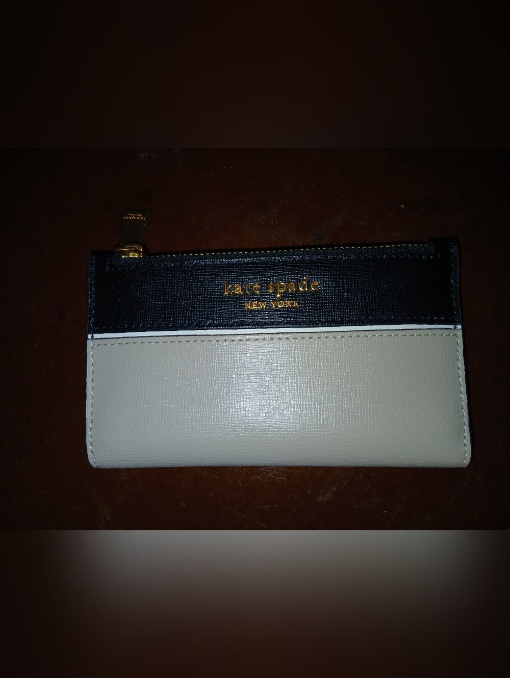 Kate Spade Two-Tone Saffiano Leather Zip Slim Wallet Navy & Cream